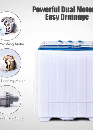 COSTWAY Portable Washing Machine, Twin Tub 26lbs Capacity Laundry Washer, 18lbs Washer and 8lbs Spinner Combo with Timer Knobs, Built-in Drain Pump, Compact Washer for Home Dorm Apartment, Blue+White