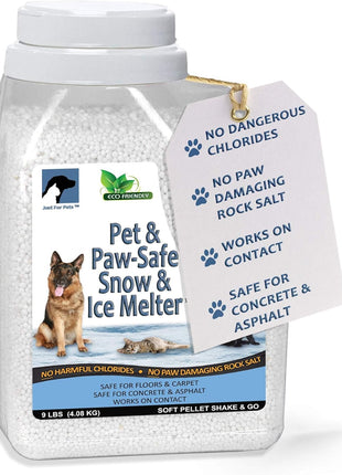 JUST FOR PETS Snow & Ice Melter Safe for Pets & Paws Contains No Toxic Chlorides or Painful to The Paw Rock Salt, Safe for Dogs & Cats. Fast Acting and Works On Contact 9 lb. Shaker Jug