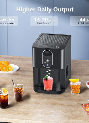 Nugget Ice Makers Countertop, Pellet Ice Maker Machine Dispenser with Water Reservoir, Self-Cleaning, 44lbs/24H Soft Chewable Ice Maker Machine for Home/Kitchen/Office, Black Stainless