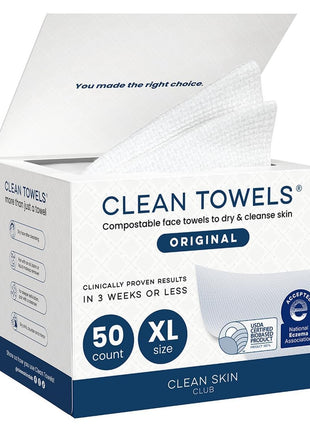 Clean Skin Club Clean Towels XL®, 100% USDA Biobased Face Towel, Disposable Face Towelette, Eczema Association Accepted, Makeup Remover Dry Wipes, Ultra Soft, 1 Pack, 50 Ct