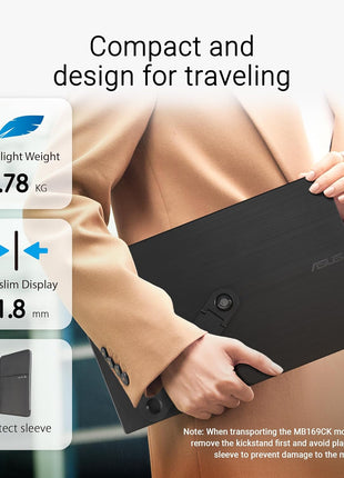 ASUS ZenScreen 15.6" Portable Monitor for Laptop (MB169CK) - Dual USB-C, Mini-HDMI, Plug & Play External Screen for Travel Dual Setup, Full HD, IPS, Anti-Glare Surface, 360° Kickstand, 3yr Warranty