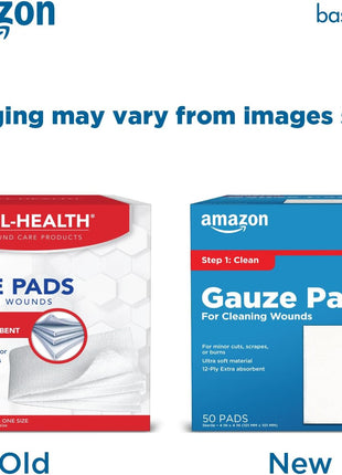 Amazon Basic Care Gauze Pads, 4x4 inches Sterile Medical Wound Dressing Sponges for Cleaning, Covering, & Cushioning Cuts & Minor Injuries, 50 Count (Pack of 1), (Previously All Health)