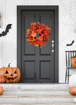 24" Fall Wreath for Front Door Outside - Sunflower, Pumpkin, Berry & Maple Leaves | Weatherproof Autumn Outdoor Wreaths with Hanger Hook for Thanksgiving, Harvest