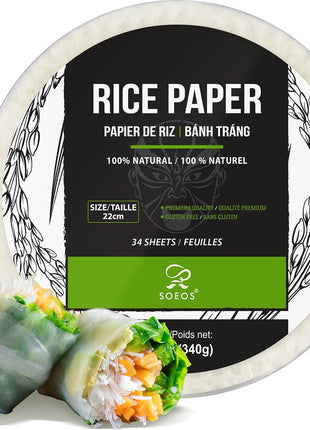 Soeos Rice Paper, White Rice Paper Wrappers, 1 Pack, 34 Sheets Fresh Spring Roll Wrappers & Dumplings, Non GMO, Gluten Free, Low Carb, Vietnamese Rice Wraps (Round, 22cm)
