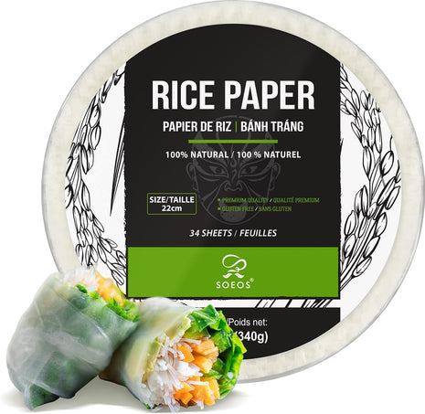 Soeos Rice Paper, White Rice Paper Wrappers, 1 Pack, 34 Sheets Fresh Spring Roll Wrappers & Dumplings, Non GMO, Gluten Free, Low Carb, Vietnamese Rice Wraps (Round, 22cm)