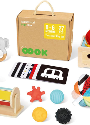 OOOK Montessori Toys 0-6 Months, Montessori Toy Set, 7 in 1 Newborn Baby Toys with Spinning Drum, Tissue Box Toy, Sensory Balls, Contrast Cards and More