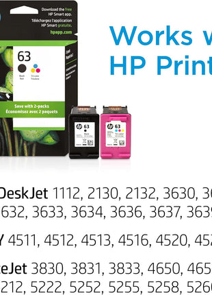 HP 63 Black, Tri-Color Ink Cartridge Printers (2-Pack), Works with DeskJet 1112, 2130, 3630 Series; Envy 4510, 4520; OfficeJet 3830, 4650, 5200, Eligible for Instant Ink, L0R46AN