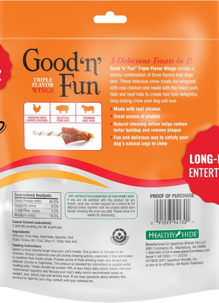 Good 'n' Fun Triple Flavor Wings Chews for All Dogs, 12 Ounces, Treat Your Dog to Long-Lasting Chews Made from Chicken, Pork Hide and Beef Hide