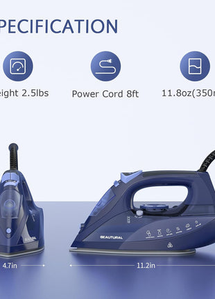 BEAUTURAL Steam Iron for Clothes with Precision Thermostat Dial, Ceramic Coated Soleplate, 3 Way Auto Off, Self Cleaning, Anti Calcium, Anti Drip Blue