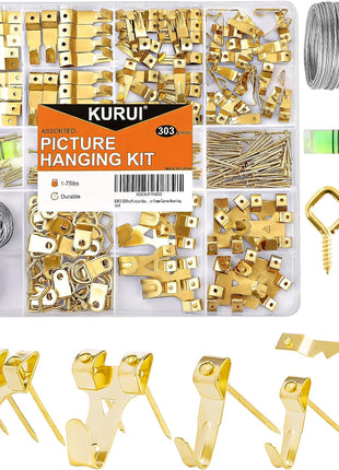 303Pcs Picture Hanging Kit, Picture Hangers Assorted Kit with Heavy Duty Picture Hanging Hooks/Hardware Nails/Sawtooth/Wire/D Rings/Level, Metal Picture Wall Hooks for Frame Canvas Mounting