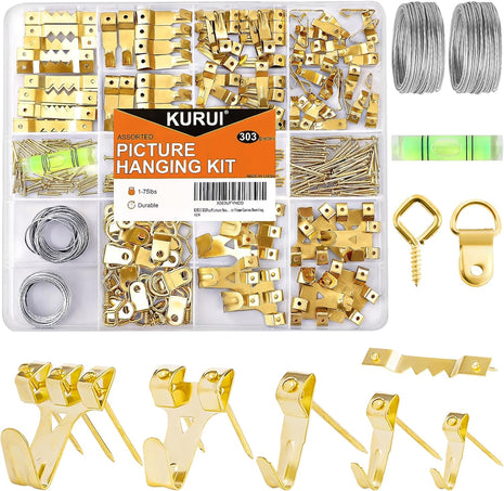303Pcs Picture Hanging Kit, Picture Hangers Assorted Kit with Heavy Duty Picture Hanging Hooks/Hardware Nails/Sawtooth/Wire/D Rings/Level, Metal Picture Wall Hooks for Frame Canvas Mounting