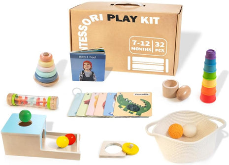WOODMAM Montessori Toys for Babies 7-12 Months, 9 in 1 Educational Play Kit | Baby Toys 7-12 Months, Object Permanent Box, Stacking Cups, Mirror Puzzle, Ring Stacker, Baby Learning Toys, Baby Gifts