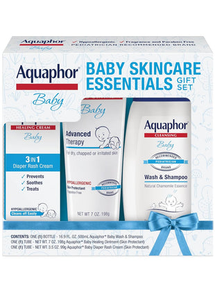 Aquaphor Baby Skin Care Essentials Gift Set, 3 Item Variety Pack | Baby Wash and Shampoo (16.9 FL OZ), Healing Ointment for Chapped Skin and Drool Rash (7 OZ), Diaper Rash Cream (3.5 OZ)