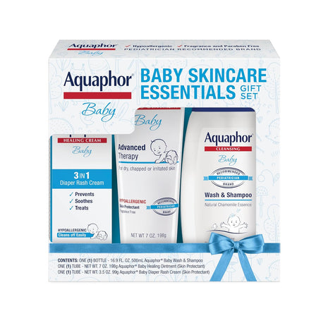 Aquaphor Baby Skin Care Essentials Gift Set, 3 Item Variety Pack | Baby Wash and Shampoo (16.9 FL OZ), Healing Ointment for Chapped Skin and Drool Rash (7 OZ), Diaper Rash Cream (3.5 OZ)