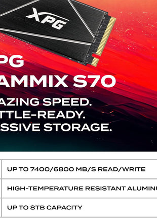 XPG GAMMIX S70 BLADE - PCIe Gen4 Solid State Drive (SSD) - Up to 7400/6800 MB/s Read/Write - Aluminum Heatsink - Gamers, Creators & PC Builders - Compatible with PS5, Laptops & PCs - AGAMMIXS70B-4T-CS