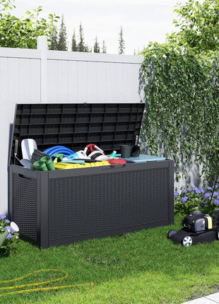 100 Gallon Resin Deck Box, Lockable Patio Outdoor Storage Box for Furniture, Garden Tools and Tools Storage, Waterproof Outside Storage Boxes - Black
