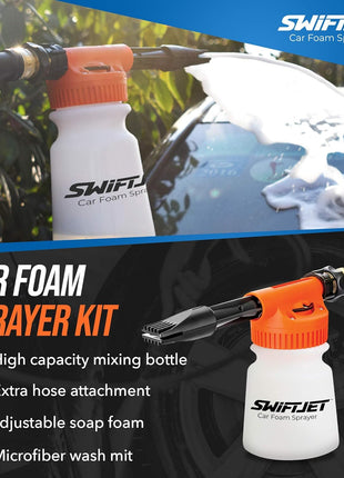 SwiftJet Car Wash Foam Gun + Microfiber Wash Mitt - Foam Cannon Works with Any Soap - Garden Hose Car Foam Sprayer - Car Wash Kit - Car Accessories Foam Blaster (Orange Foam Gun with Mitt)