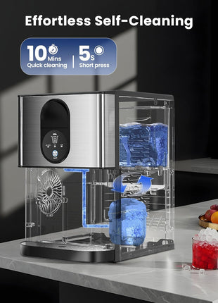 Nugget Ice Makers Countertop, Pellet Ice Maker Machine Dispenser with Water Reservoir, Self-Cleaning, 44lbs/24H Soft Chewable Ice Maker Machine for Home/Kitchen/Office, Black Stainless