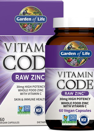 Garden of Life Zinc Supplements 30mg High Potency Raw Zinc and Vitamin C Multimineral Supplement, Vitamin Code Vitamins Trace Minerals & Probiotics for Skin Health & Immune Support, 60 Vegan Capsules