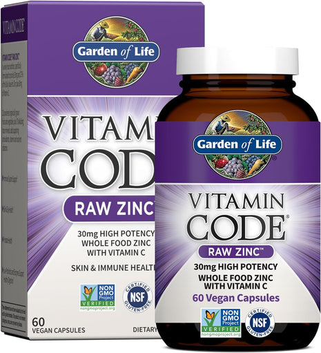 Garden of Life Zinc Supplements 30mg High Potency Raw Zinc and Vitamin C Multimineral Supplement, Vitamin Code Vitamins Trace Minerals & Probiotics for Skin Health & Immune Support, 60 Vegan Capsules