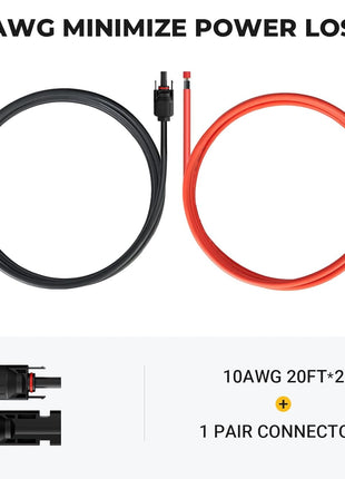 BougeRV 20 Feet 10AWG Solar Extension Cable with Female and Male Connector with Extra Pair of Connectors Solar Panel Adaptor Kit Tool (20FT Red + 20FT Black)