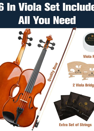 Mendini by Cecilio 16-Inch Solid Wood Violin Set for Beginners - Hand Carved Acoustic Viola Kit - Fiddle Set with Hard Case, Bow, Rosin, Bridge and Extra Strings (Natural Varnish)
