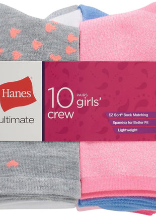 Hanes Girls' Big Ultimate Fashion, Lightweight Stretch Crew Socks, Assorted 10-Pair Pack, Small, Pink/Grey/Blue/Lavender, Medium