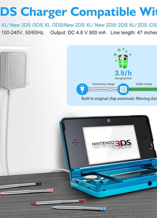 3DS Charger Kit Compatible with Nintendo 3DS/ New 3DS XL/DSi/DSi XL/2DS/ 2DS XL 100-240V Wall Plug Adapter with 4 Metal Retractable Stylus Pen for 3DS/3DS XL/3DS LL
