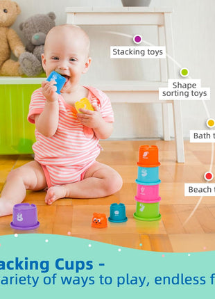 TOOKYLAND Montessori Toys for 1 Year Old, 8 in 1 Learning Educational Set | Wooden Toys Set (Includes Stacking Cups, 3-in-1 Educational Box, Pound Bench, Shape Puzzle and More)