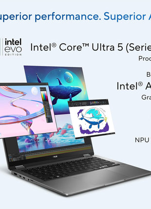ASUS Vivobook 14 Flip Laptop Copilot+ PC, 14 inch OLED WUXGA 60Hz Touch Display, Intel® CoreTM Ultra 5 226V and ArcTM Graphics, 16GB Memory, 512GB Storage, Windows 11, Matte Gray, TP3407SA-ES54T