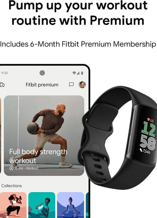 Fitbit Charge 6 Fitness Tracker with Google apps, Heart Rate on Exercise Equipment, 6-Months Premium Membership Included, GPS, Health Tools and More, Obsidian/Black, One Size (S & L Bands Included)