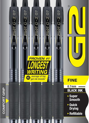 PILOT G2 Pens, 0.7mm, Black Ink, 5-Pack