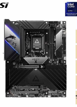MSI MEG Z890 Unify-X Motherboard, ATX - Supports Intel Core Ultra Processors (Series 2), LGA 1851-110A SPS, DDR5 Memory (9600+ MT/s OC), PCIe 5.0 & 4.0 x16, M.2 Gen5, Thunderbolt 4, Wi-Fi 7, 5G LAN