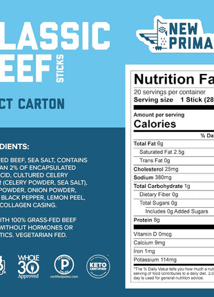 The New Primal Grass Fed Beef Sticks, Keto, Gluten Free Healthy Snacks for Adults, Sugar Free Low Carb High Protein Snack, Paleo Whole30 Jerky Meat Stick, 8g Protein, 90 Calories, 20 Pack