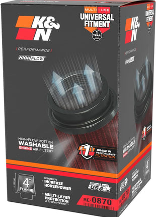 K&N High-Flow Original Lifetime Universal Clamp-On Air Filter: High Performance, Premium, Washable: Flange Diameter: 4 In, Filter Height: 9 In, Flange Length: 1.75 In, Shape: Round Tapered, RE-0870