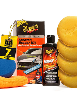 Meguiar's Quik Eraser Kit, Car Scratch Remover for Repairing Surface Blemishes, Car Scratch Repair Kit with ScratchX, Drill-Mounted Pad, and Microfiber Towel, 4 Count