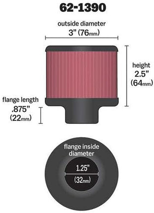K&N Vent Air Filter/Breather: High Performance, Premium, Washable, Replacement Engine Filter: Flange Diameter: 1.25 in, Filter Height: 2.5 in, Flange Length: 0.875 in, Shape: Breather, 62-1390