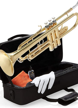 Mendini By Cecilio Bb Standard Trumpet Set for Beginners   Brass Student Trumpet Instrument with Hard Case, 7C Mouthpiece, Valve Oil, Cleaning Cloth, Gloves (Gold)