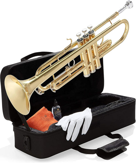 Mendini By Cecilio Bb Standard Trumpet Set for Beginners   Brass Student Trumpet Instrument with Hard Case, 7C Mouthpiece, Valve Oil, Cleaning Cloth, Gloves (Gold)