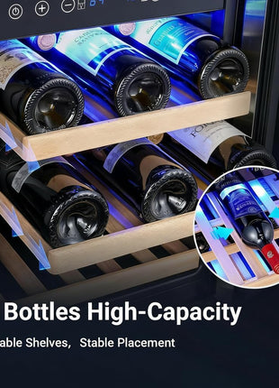 AAOBOSI 24 Inch Dual Zone Wine and Beverage Cooler,19 Bottles & 88 Cans Upgraded Wine Fridge,Built-in and Freestanding,Removable Fashion Wooden Frame,Intelligent Digital Temperatrue Control,Low Noise