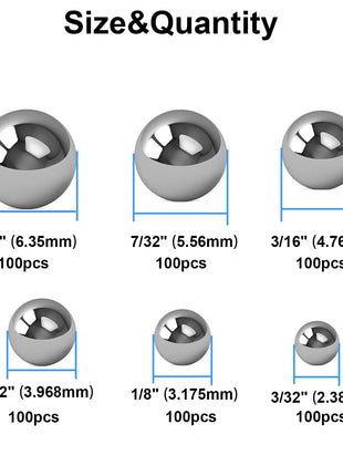600 Piece 6 Sizes Assorted Loose Bicycle Bearing Balls 1/4" 7/32" 3/16" 5/32" 1/8" and 3/32"