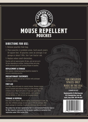 Grandpa Gus's Extra-Strength Mouse Repellent Pouches, Peppermint & Cinnamon Oil, Natural Rodent Deterrent Control for Garage, RV, Car, Basement, Attic, Storage, 1.75 Oz (Pack of 10)