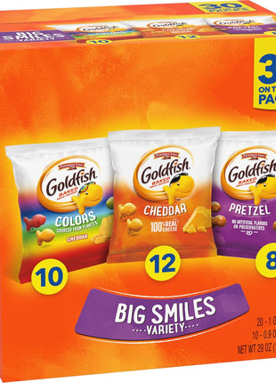 Goldfish Crackers Big Smiles Variety Pack with Cheddar, Colors, and Pretzels, Snack Packs, 30 Ct