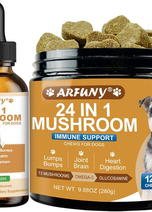 9 in 1 Mushroom Supplement for Dogs - Digestive, Cellular, Immune Health Support, Mushroom Immune Dog Chews Turkey Tail Mushroom for Dogs - Gut, Skin, Joint, Immune Health- Dog Lumps & Bumps