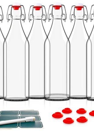 Otis Classic Swing Top Glass Bottles   Set of 6, 16oz w/Marker & Labels   Clear Bottle with Caps for Juice, Water, Kombucha, Wine, Beer Brewing, Kefir Milk or Eggnog