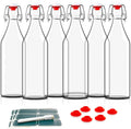 Otis Classic Swing Top Glass Bottles   Set of 6, 16oz w/Marker & Labels   Clear Bottle with Caps for Juice, Water, Kombucha, Wine, Beer Brewing, Kefir Milk or Eggnog