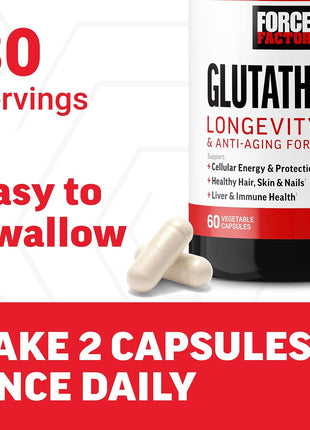 Force Factor Glutathione Longevity & Anti-Aging Supplement | Reduced Glutathione with CoQ10 & PQQ, Antioxidant Formula, Support Immune Health & Skin, 60 Capsules