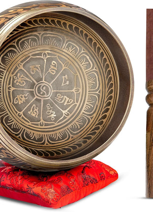 Premium Tibetan Singing Bowl Set – Handmade in Nepal Sound & Meditation Bowl – Spiritual Decor for Yoga, Wellness Spaces & Relaxation by Himalayan Bazaar (Brown & Red)