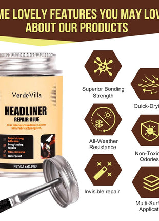 Headliner Repair Glue, Car Headliner Adhesive with Brush, Car Roof Liner Fabric Adhesive, Upholstery Glue for Cars,Headliner Repair Kit, Suitable for Automotive interiors, Fabric, Leather