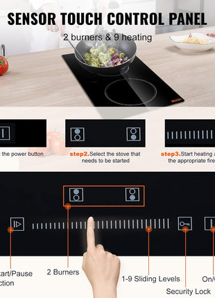 VEVOR Built in Electric Stove Top, 12 inch 2 Burners Ceramic Cooktop, Glass Radiant Cooktop with Sensor Touch Control, Timer & Child Lock Included, 9 Power Levels for Simmer Steam Slow Cook Fry,110V